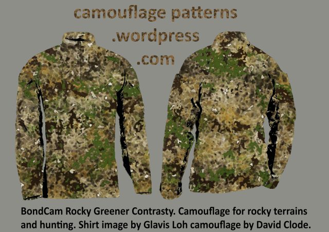 BondCam Rocky greener Contrasty. camouflage design by david Clode, shirt simulation Glavis Loh.